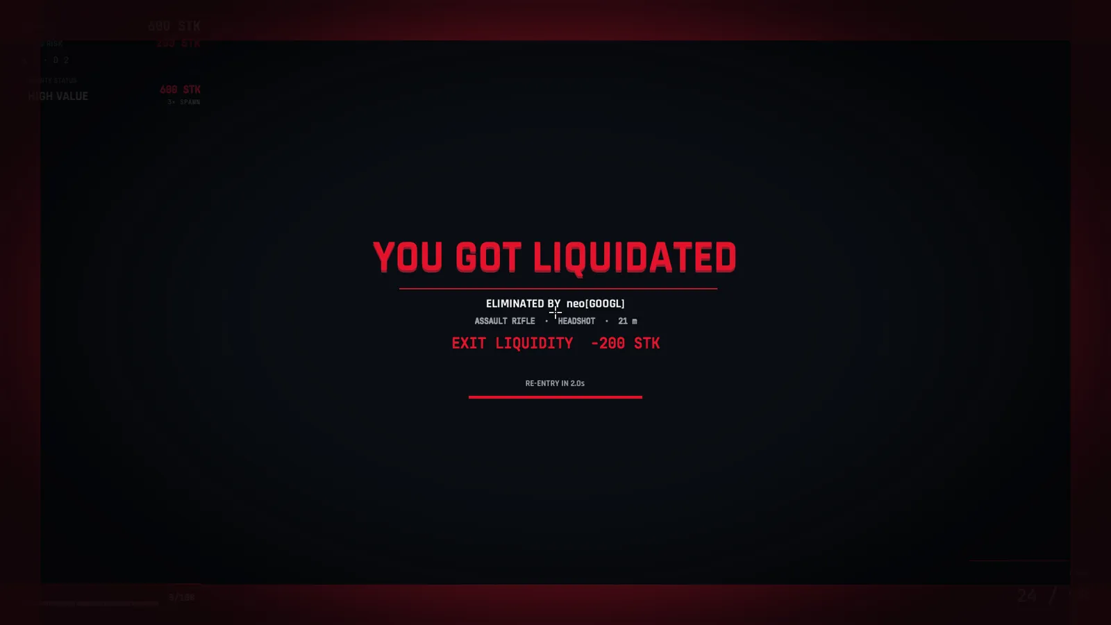 Death recap screen with killer, weapon and distance
